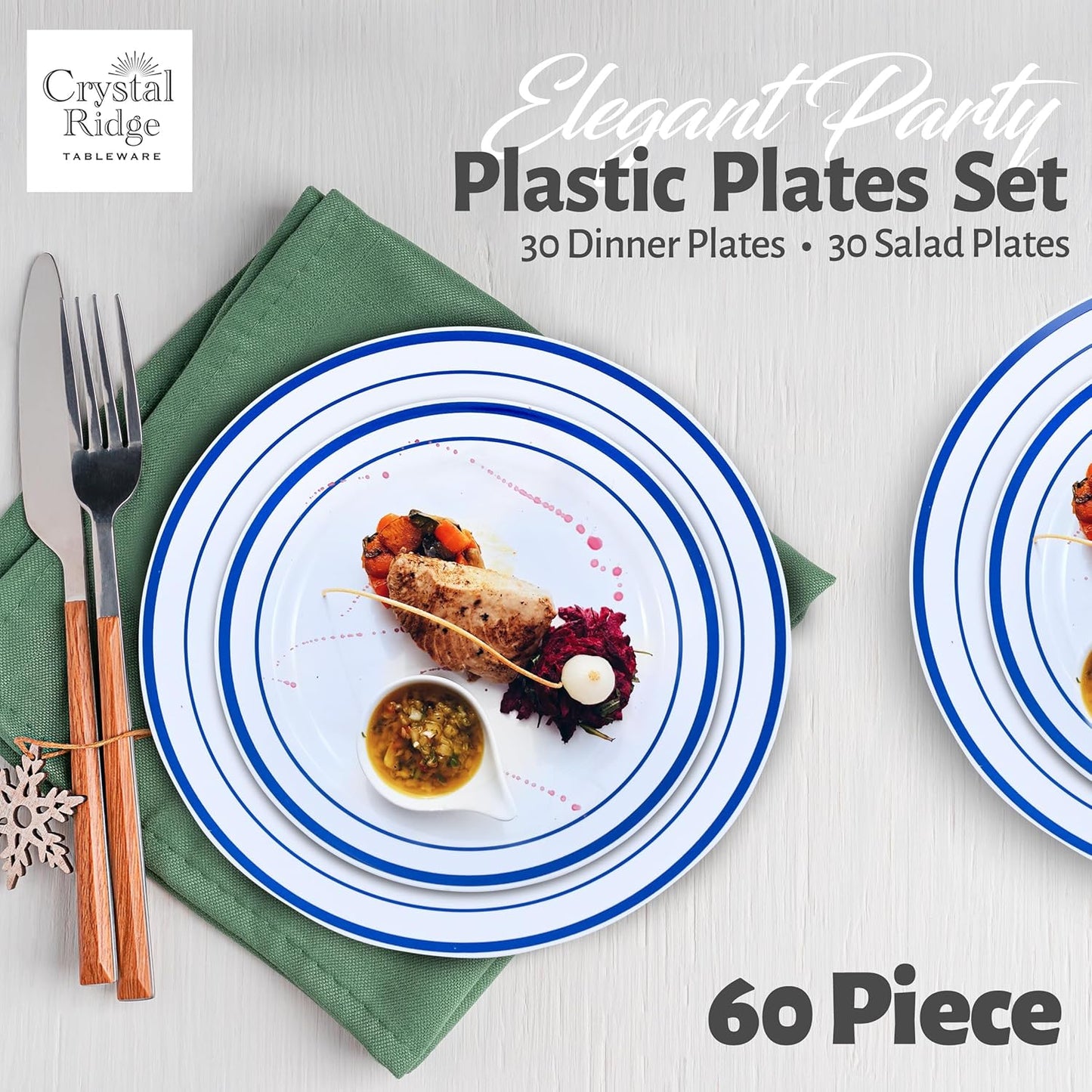 60 Pieces White Plastic Disposable Plates - Premium Heavy-Duty 30 Dinner Plates & 30 Salad Plates with Blue Rim Ideal for Party, Birthday and Special Events