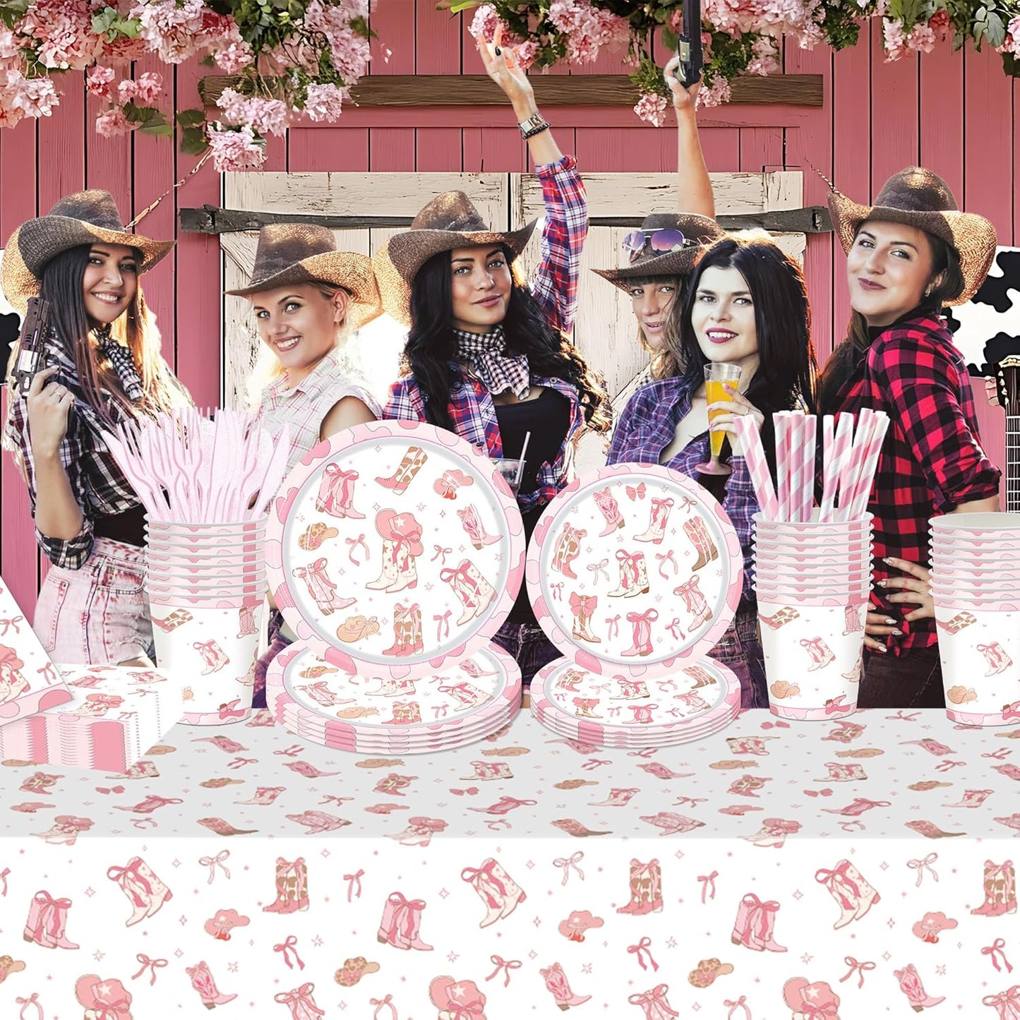 Pink Bow Cowgirl Party Dinnerware Kit for Girls - 20 Guests All-in-One, Bow Cowgirl Decorations, Coquette Birthday Supplies Plates Cutlery Napkins Cups Tablecloth for Western Baby Shower Bachelor