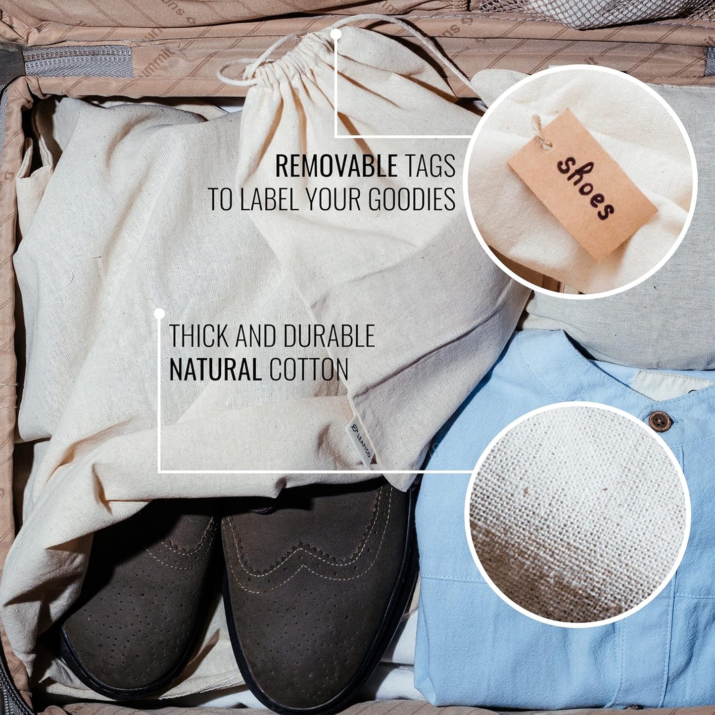 LEAFICO Reusable Produce Storage Bags - XX-Large 19x23 3 Pack - Breathable Muslin Fabric Sacks with Drawstrings – Dust-Proof Travel Cotton Bags for Laundry, Clothes, Purses