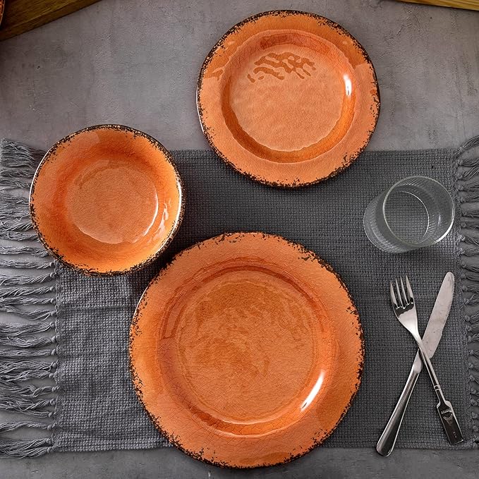 LEHAHA 12 Piece Crackle Lightweight Melamine Dinnerware Set-Service for 4, break-resistant and Durable Rustic Plates and Bowls Dishware Sets Perfect for Patio and Outdoor Activities