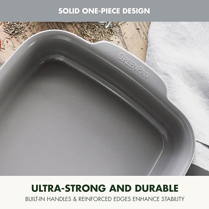 GreenPan Premiere Ovenware Healthy Ceramic Nonstick 8" Square Cake Baking Pan, Cast Aluminum Bakeware, Warp-Free, Oven and Broiler safe to 600F, Dishwasher Safe, PFAS-Free, Gray