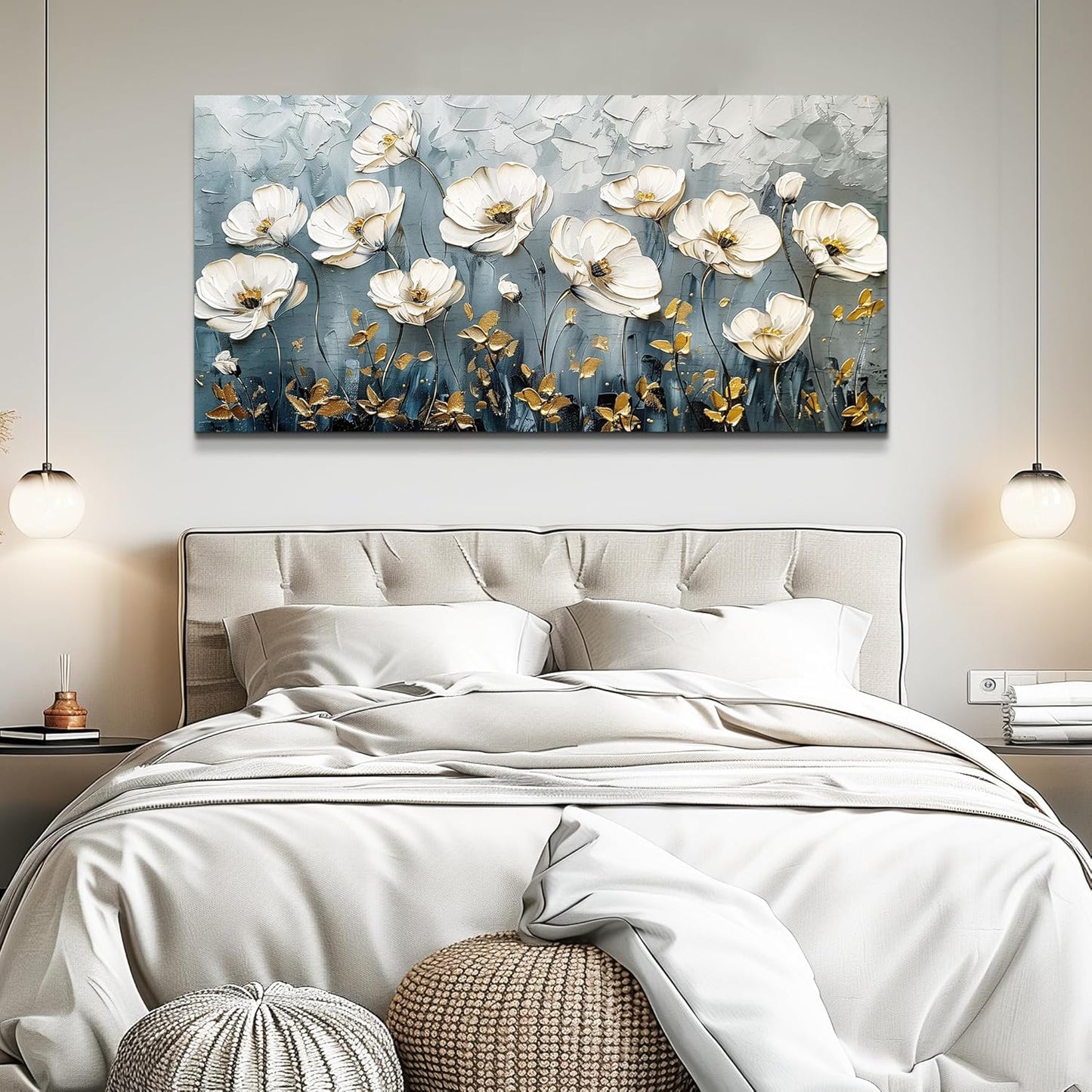 QIYILEXWART Large Wall Decor For Living Room Canvas Wall Art For Office Modern Wall Decorations For Bedroom Textured White Flower Landscape Painting Farmhouse Pictures Artwork Room Home Decor 24x48
