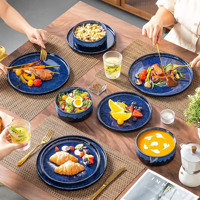 vancasso Starry Plates and Bowls Sets,12 Pieces Blue Dinnerware Sets for Kitchen,Modern Stoneware Dishes Set for 4,Dishwasher and Microwave Safe