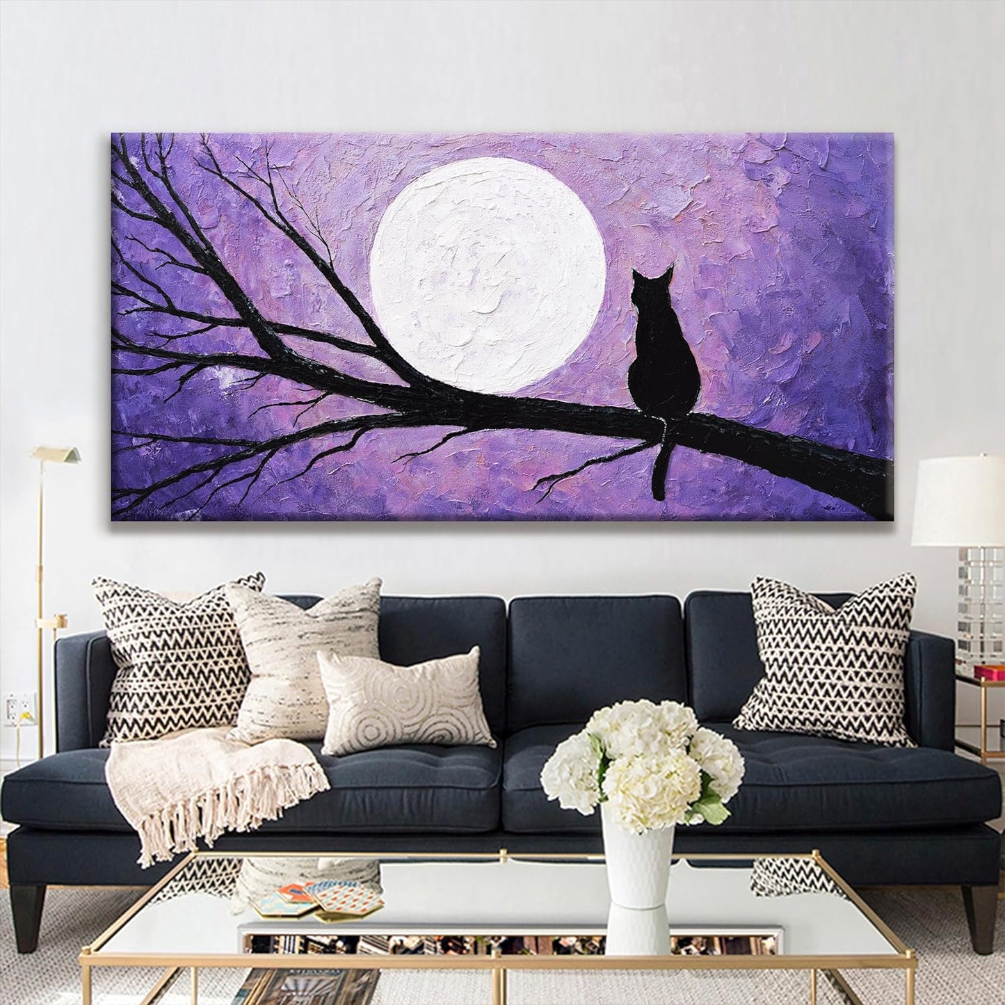 QSQ Cat Wall Art For Living Room Prints Painting Canvas Art Wall Decor Funny Monet Cat Under The Moonlight Abstract Wall Art Posters Picture For Bedroom Office Home Wall Decor Aesthetic 29" × 58"