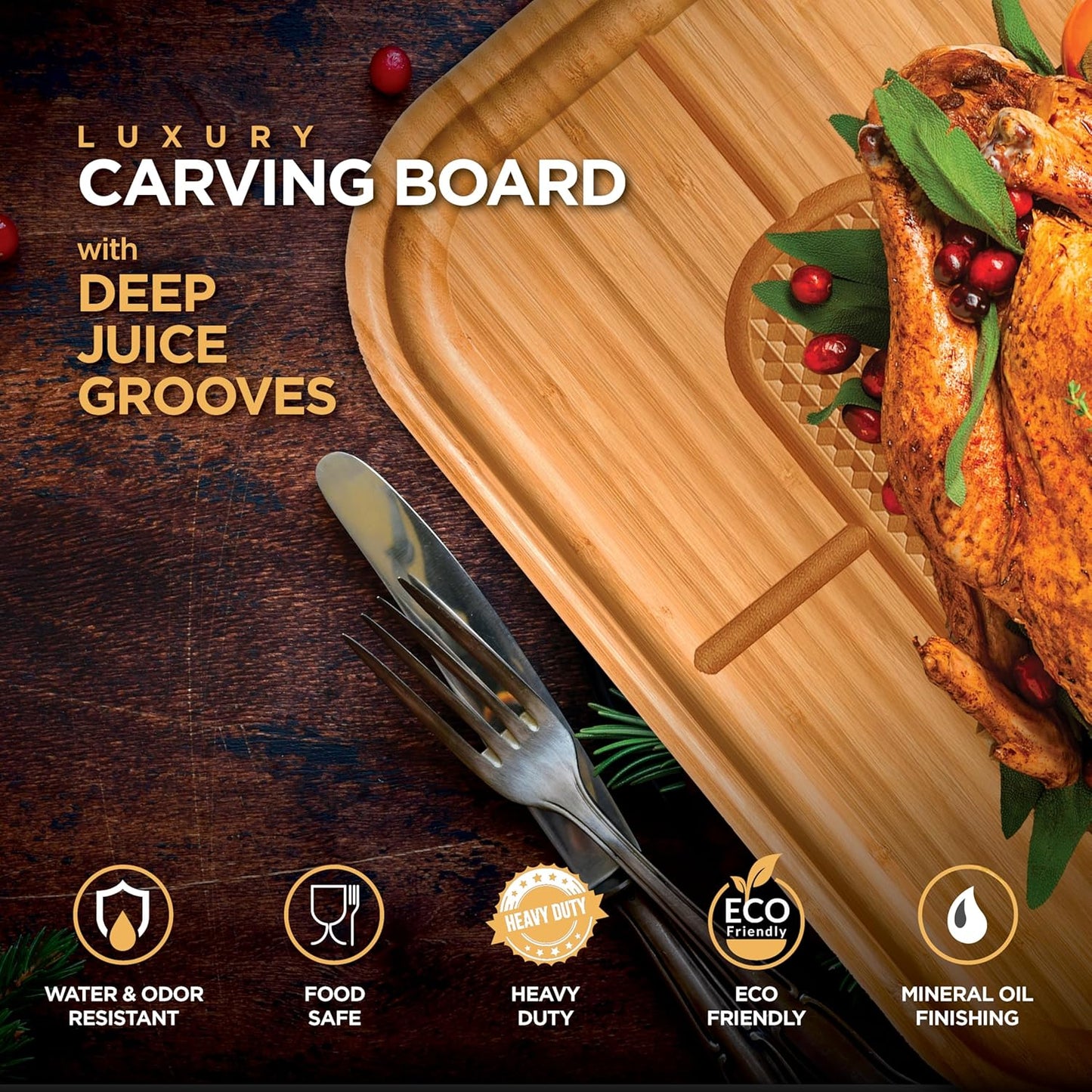 Turkey Platter for Thanksgiving - Bamboo Meat Cutting & Carving Board for BBQ & Grilling - Heavy Duty Reversible Butcher Block with Juice Groove, Spikes & Grid Grip - Kitchen Gift, Large, 18" x 12"