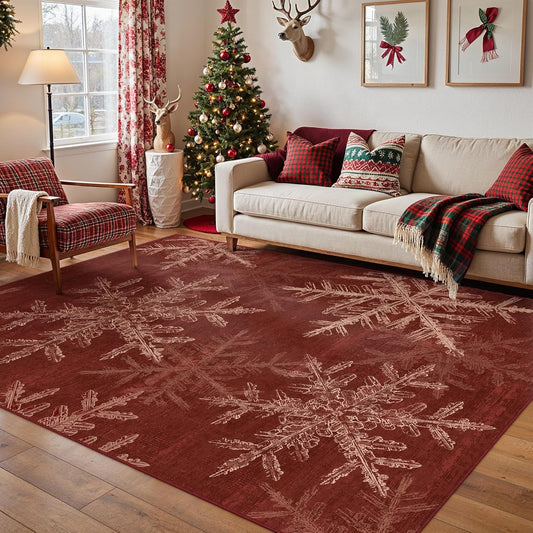 Christmas Area Rug 5x7 Red Washable Office Carpet Xmas Snowflake Holiday Decor Entryway Non Slip Soft Low Pile Carpet Indoor Throw Rug for Kitchen Dining Living Room Bedroom Entrance