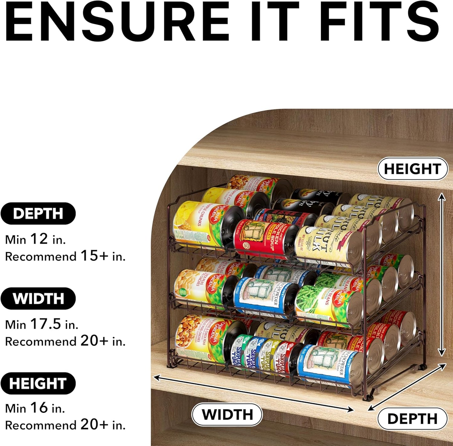 Simple Houseware Stackable Can Organizer Rack for Pantry/Cabinet – 11.5" D x 17" W x 13.75" H, Holds 36 Cans, 3-Tier Can Food Storage Dispenser, Bronze