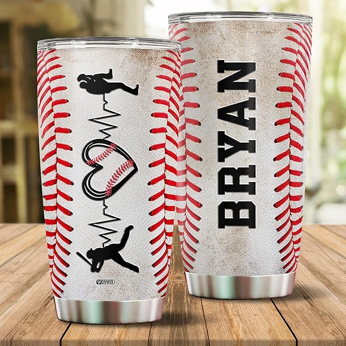 Personalized Baseball Tumbler Gifts 20oz Travel Cup Coffee Mug Stainless Steel Insulated with Lid Gift for Men Women Sports Lovers Baseball Fan Players Coach