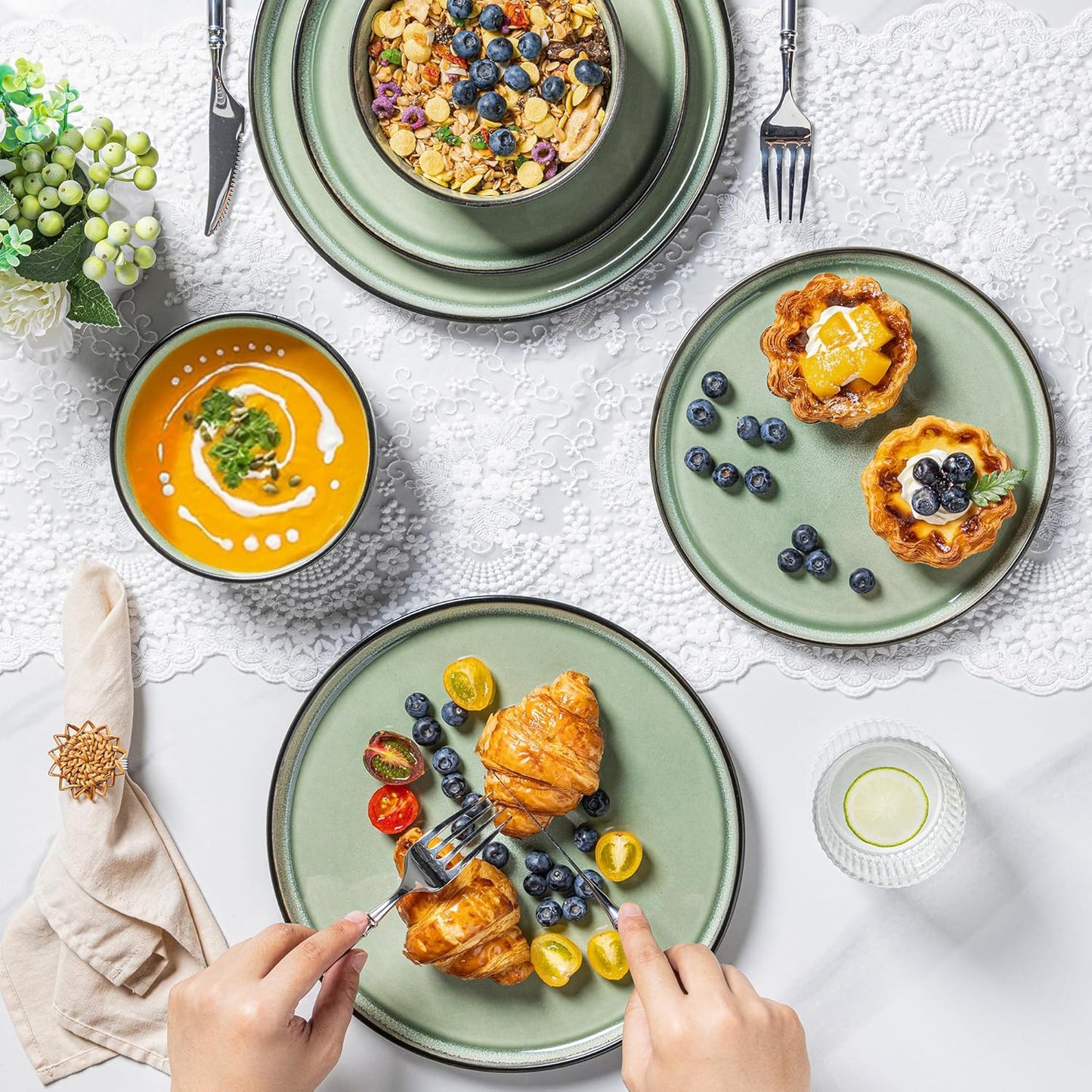 AmorArc Stoneware Dinnerware Sets,Round Reactive Glaze Plates and Bowls Set,Highly Chip and Crack Resistant | Dishwasher & Microwave Safe Dishes Set,Service for 4 (12pc)