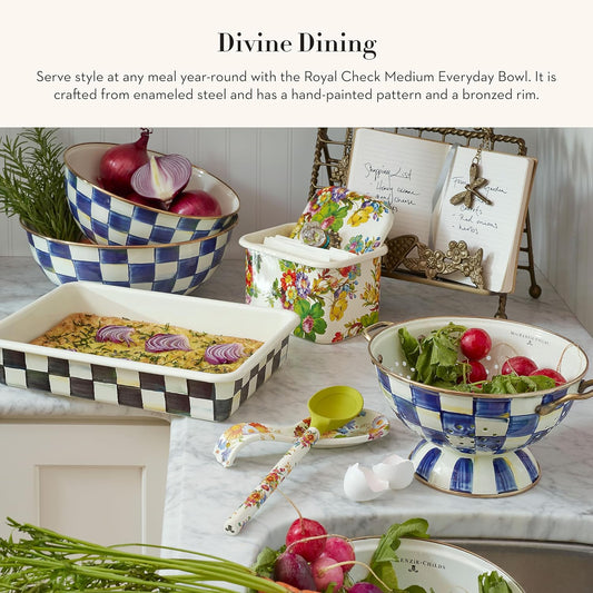 MACKENZIE-CHILDS Enamel Everyday Bowl, Serving Bowl for Entertaining, Medium, Blue-and-White Royal Check, Set of 1