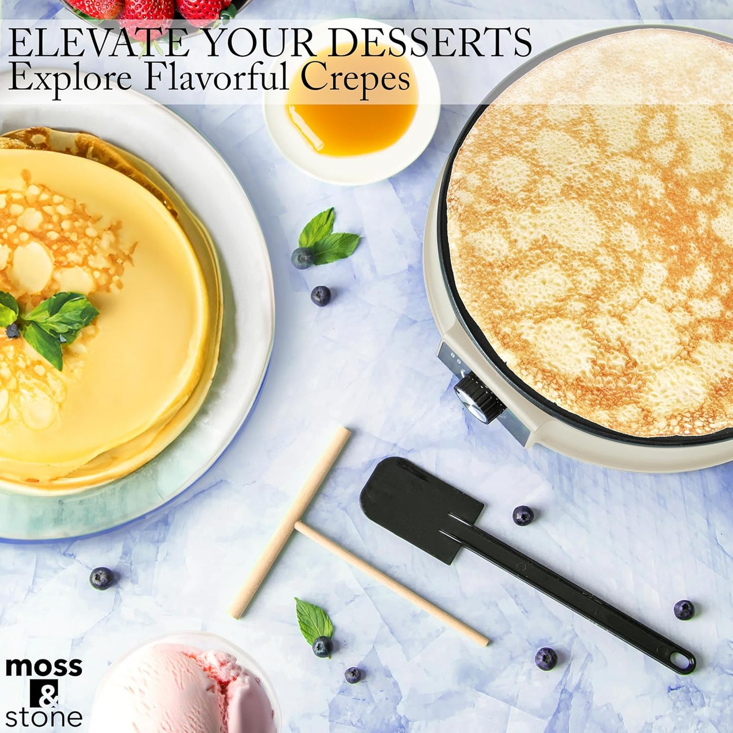 Moss & Stone 12” Electric Griddle Pan & Crepe Machine, Non-Stick Electric Crepe Maker with Adjustable Temperature, Includes Spreader & Spatula – Ideal for Pancakes, Blintzes & Tortillas