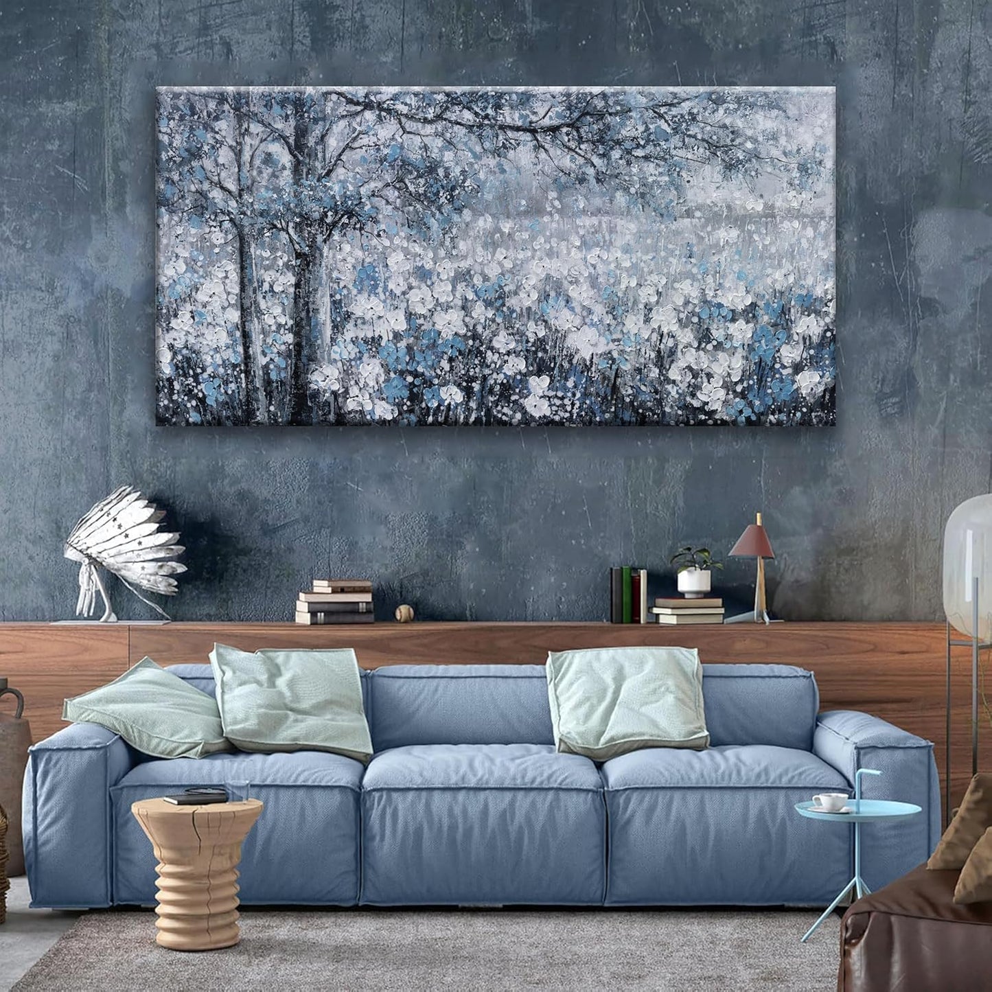 HXSRQ FA ART Canvas Wall Art Modern Wall Decor 29x58 Inches Large Wall Art Blue And White Tree Flower Landscape Picture Artwork For Bedroom Home Office