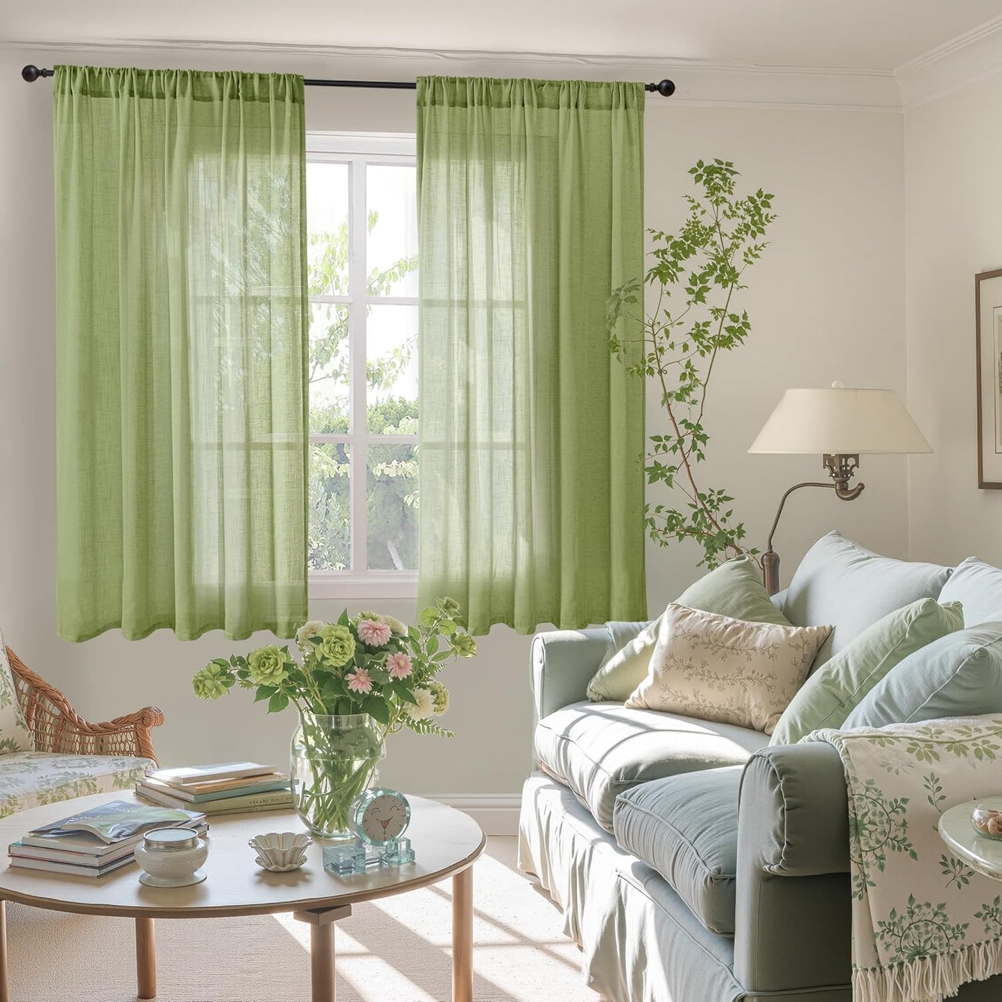 BGment Green Linen Curtains 45 Inch Length for Kitchen Cafe Window - Short Semi Sheer Natural Textured Drapes Rod Pocket Rustic for Small Living Dining Room Lightweight, 2 Panels Set, 42 X 45 Inch