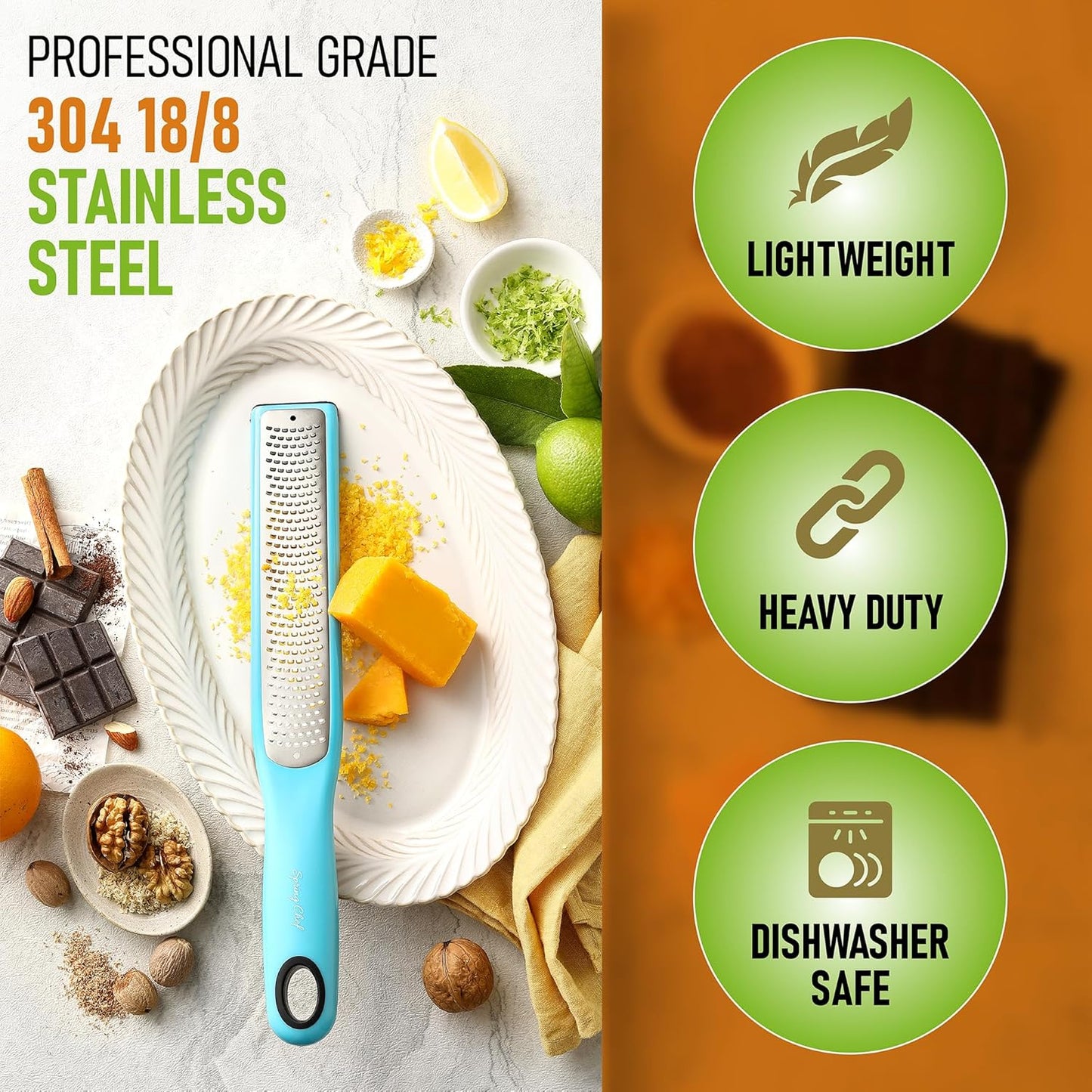 Spring Chef Premium Lemon Zester Grater with Handle - Fruits, Garlic, Chocolate, Nutmeg, Ginger Grater - Heavy Duty Kitchen Tool - Stainless Steel Citrus Zester with Blade Cover - Fine Shred, Aqua Sky