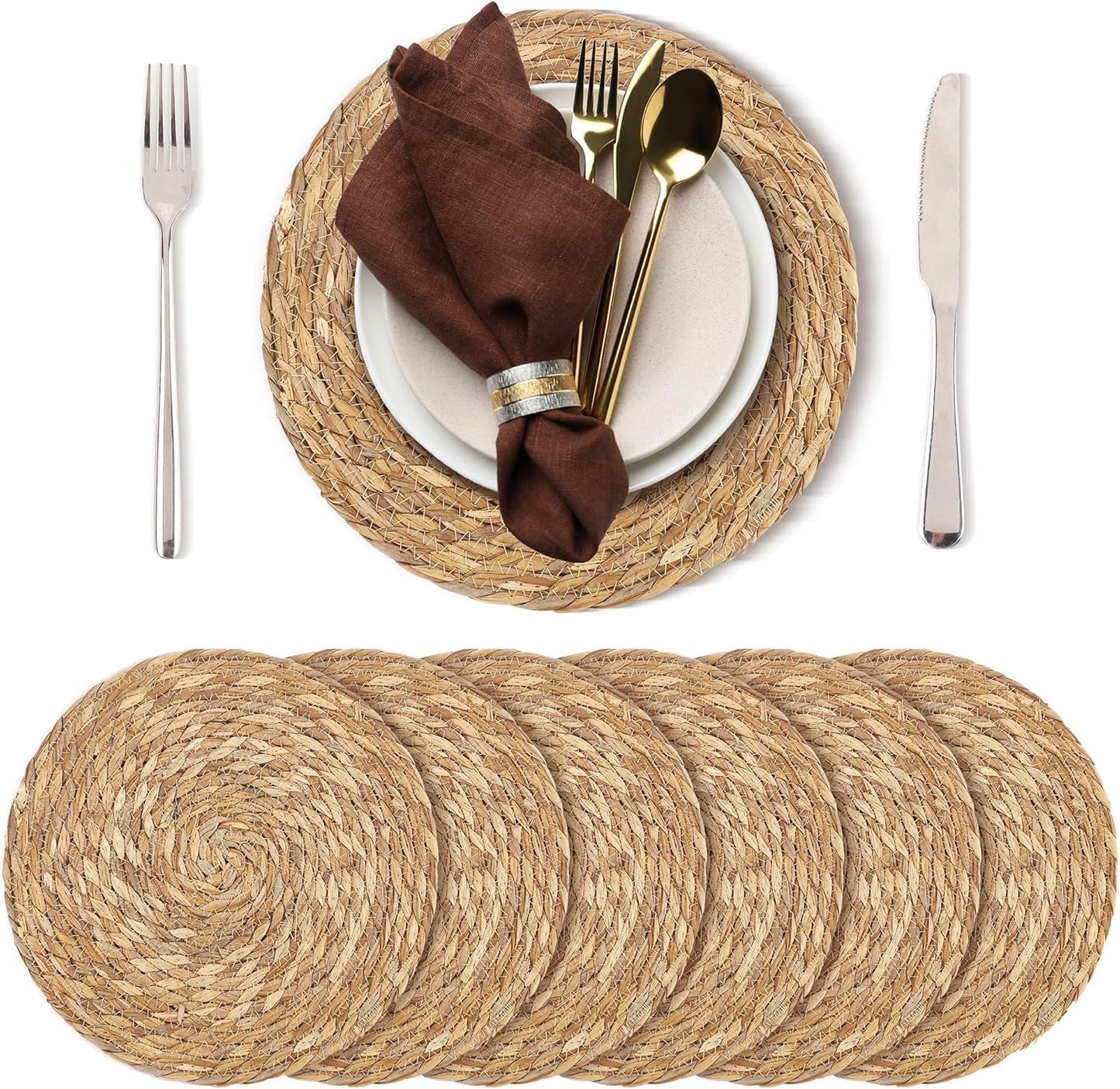 Set of 6 Round Woven Placemats - 12 Inch Natural Boho Rattan Wicker Table Mats for Home Dining Table