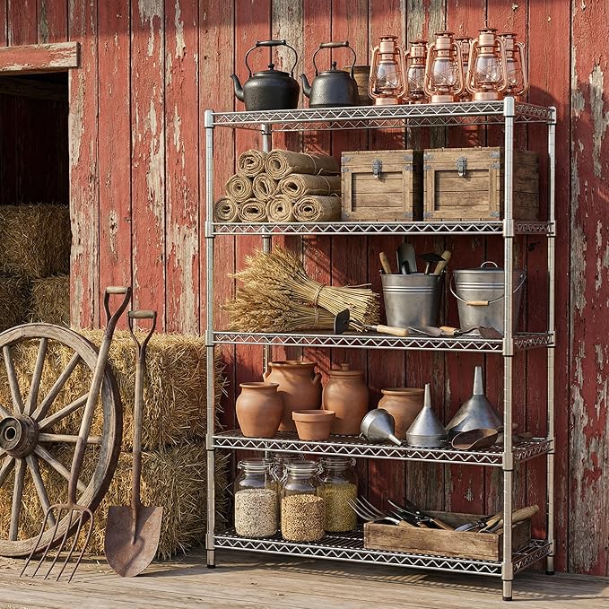 MZG 1750 lbs 5 Tier Storage Rack Metal Wire Shelving Unit, Storage Standing Household Shelf Organizer for Kitchen Pantry Closet Garage Basement Utility Room, Chrome 15.7" D x 45.3" W x 70.4" H