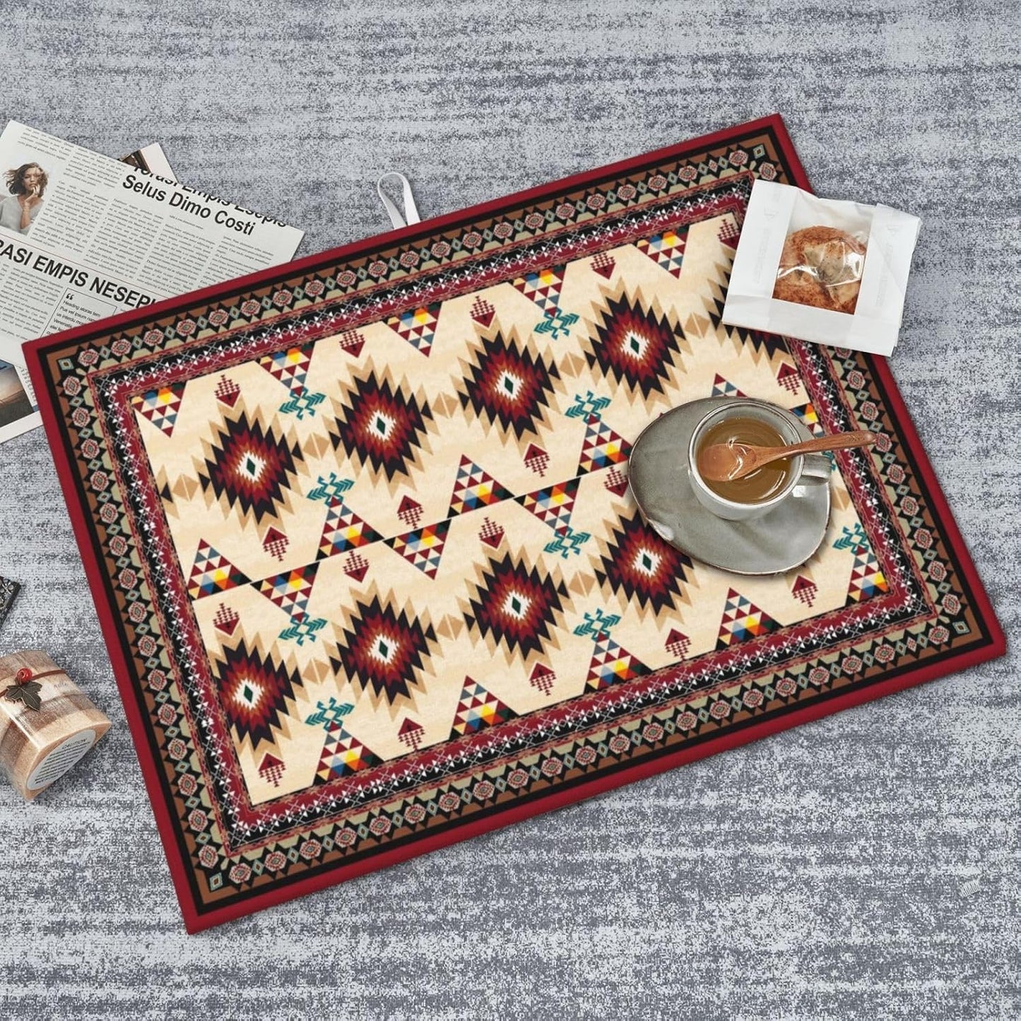 Southwestern Tribal Aztec Geometric Dish Drying Mats for Kitchen Counter & Sink, Absorbent Microfiber Drying Pad for Dishes, Ethnic Rustic Brown Kitchen Mat for Dining Area & Home Decor, 16" x 18"