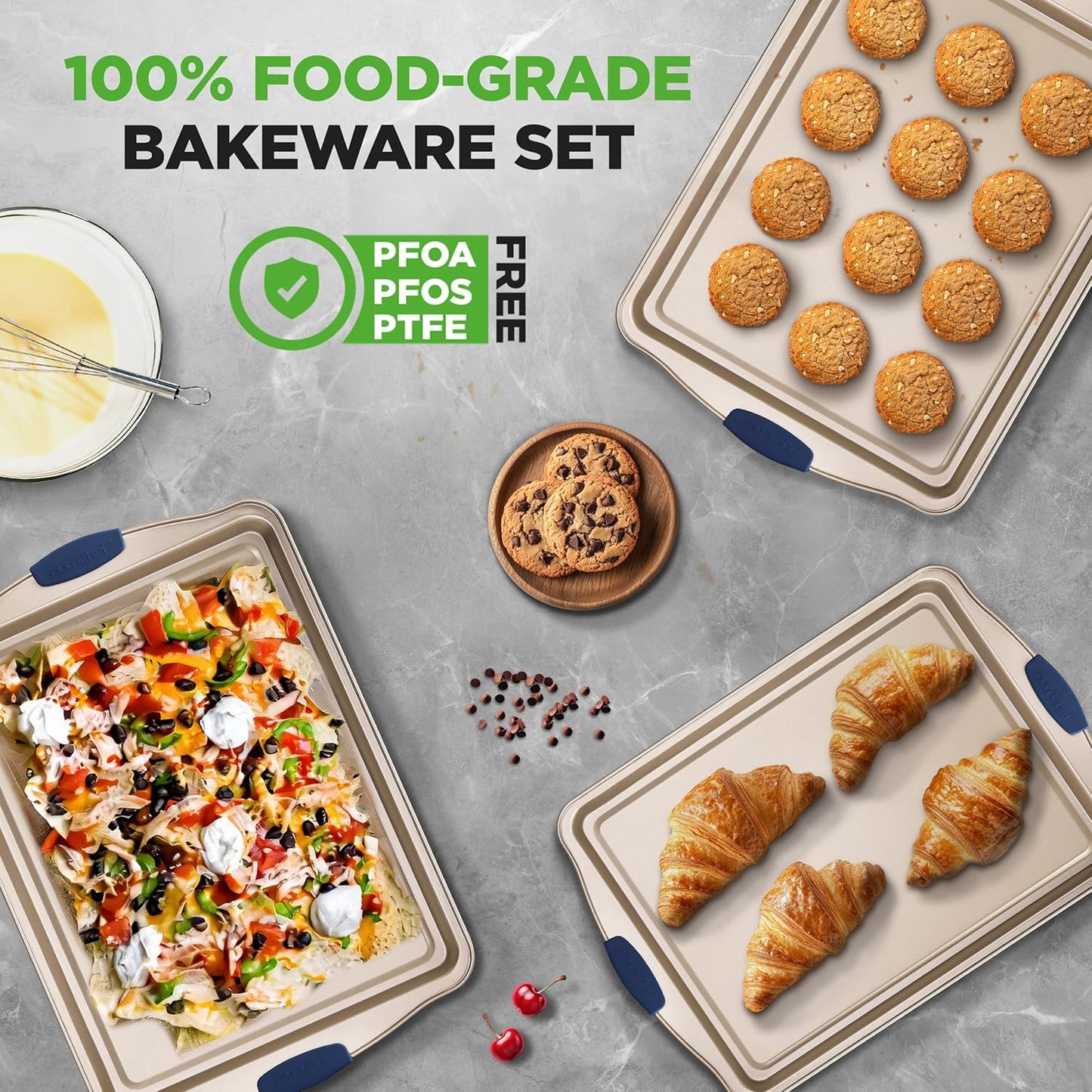 NutriChef Nonstick Baking Pans Set - Carbon Steel Bakeware with Blue Silicone Handles, Even Heat Distribution, Durable & Reliable 3-Piece Cookie Sheet Set in Small, Medium, Large Sizes (Gold)