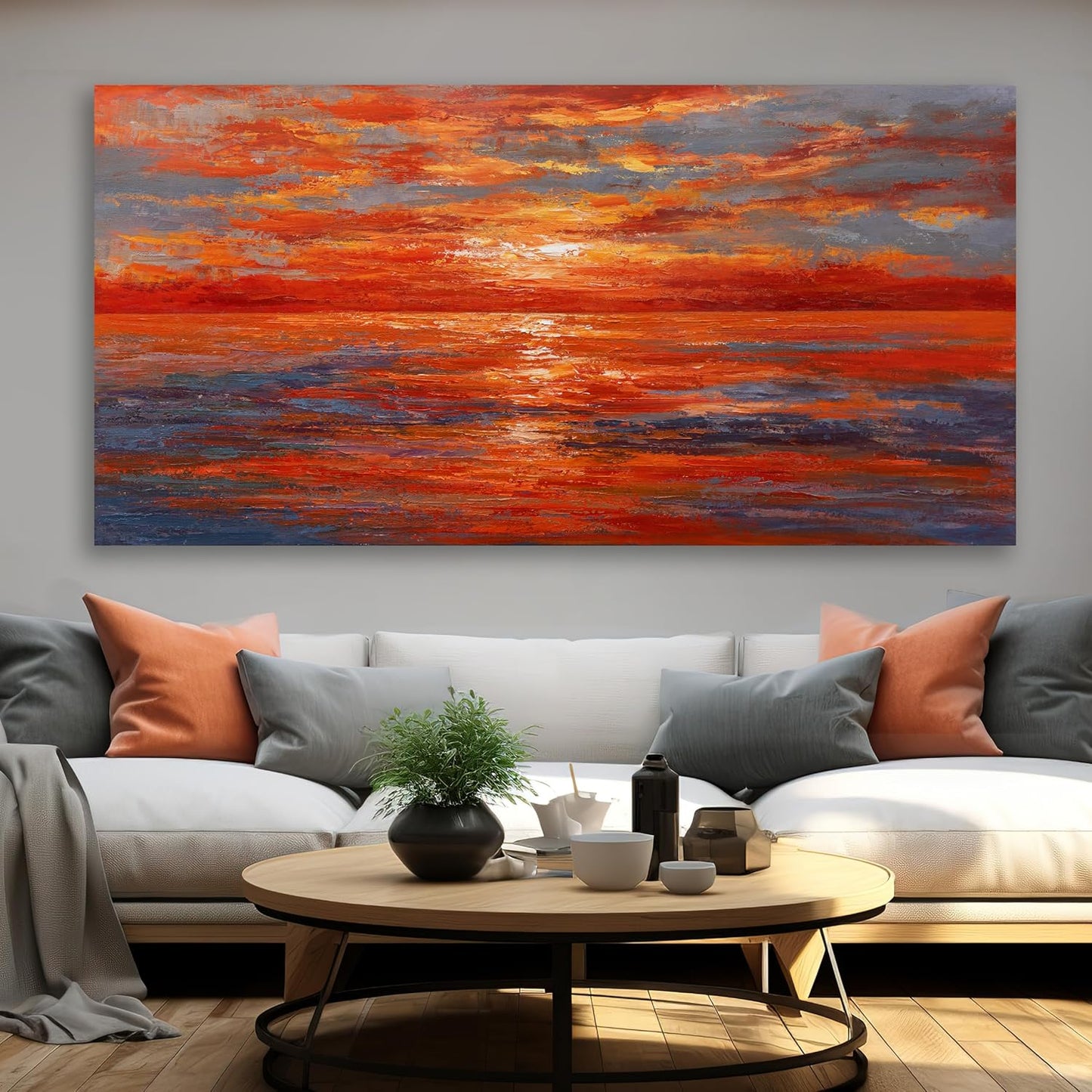 Red Sunset Ocean Abstract Wall Art Canvas Print Wall Decor Landscape Painting Framed Beach Artwork for Living Room Bedroom Office Farmhouse Bar Home Decor 29"x58"