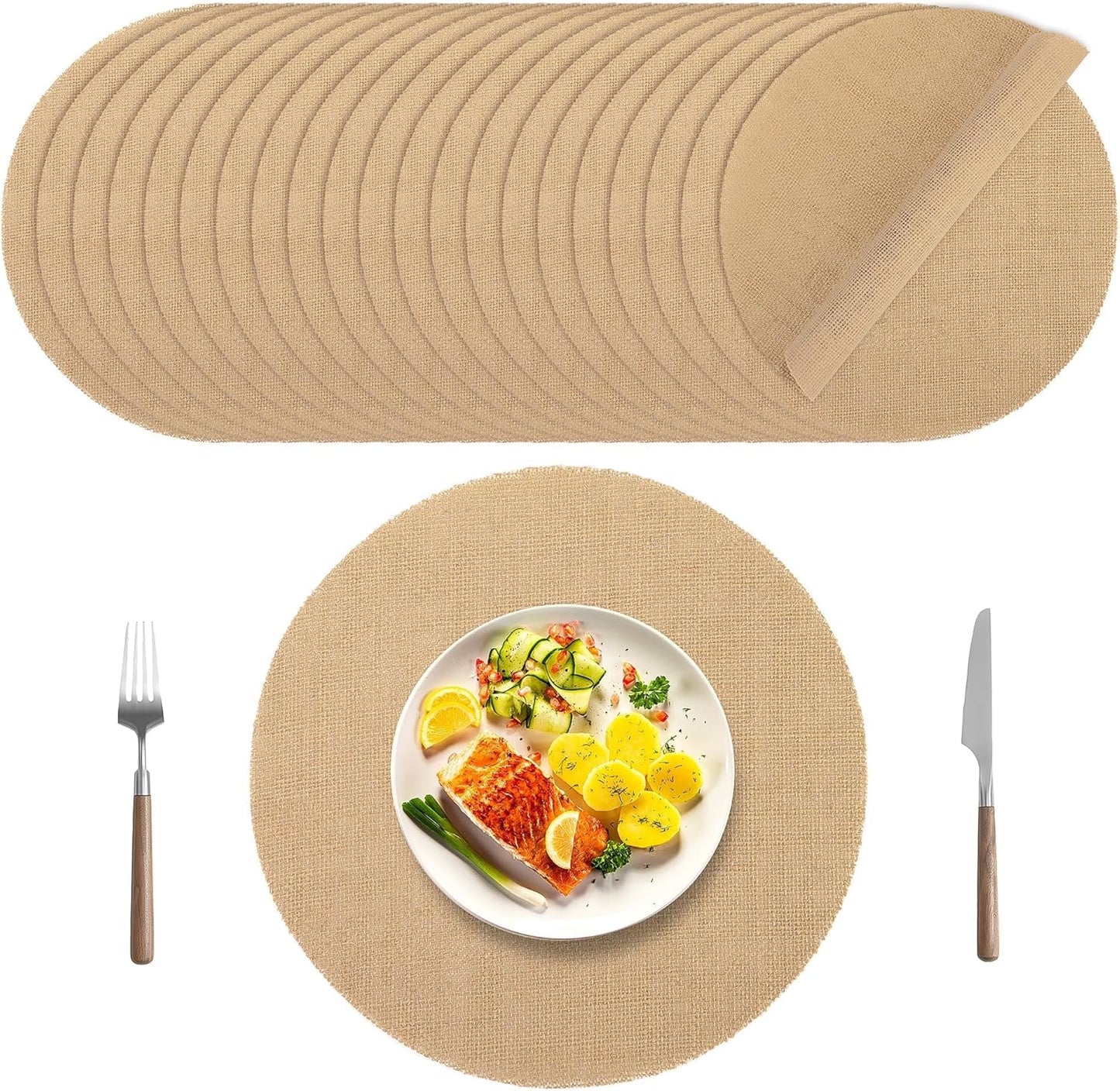 25 Pieces Burlap Placemats 15 Inch Round Reusable Brown Table Mats Natural Jute Fibers Placemats Bulk Circle Rustic Table Decorations for Dining Wedding Holiday Farmhouse Supplies