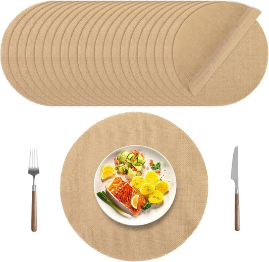 25 Pieces Burlap Placemats 15 Inch Round Reusable Brown Table Mats Natural Jute Fibers Placemats Bulk Circle Rustic Table Decorations for Dining Wedding Holiday Farmhouse Supplies