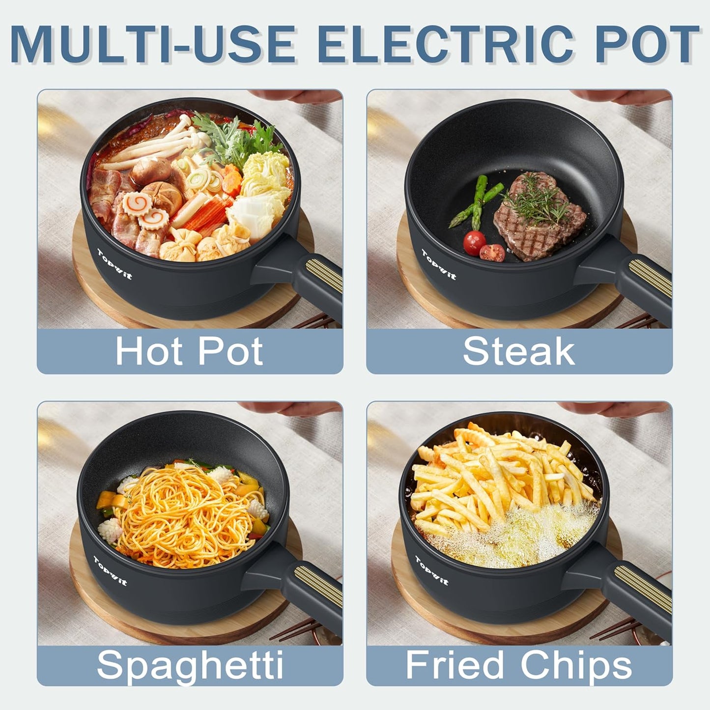 TOPWIT Hot Pot Electric with Steamer, 2L Multifunctional Electric Pot, Non-Stick Sauté Pan, Portable Pot for Steak, Fried Rice, Ramen, Soup with Dual Power Control (Spatula Not Included), Grey