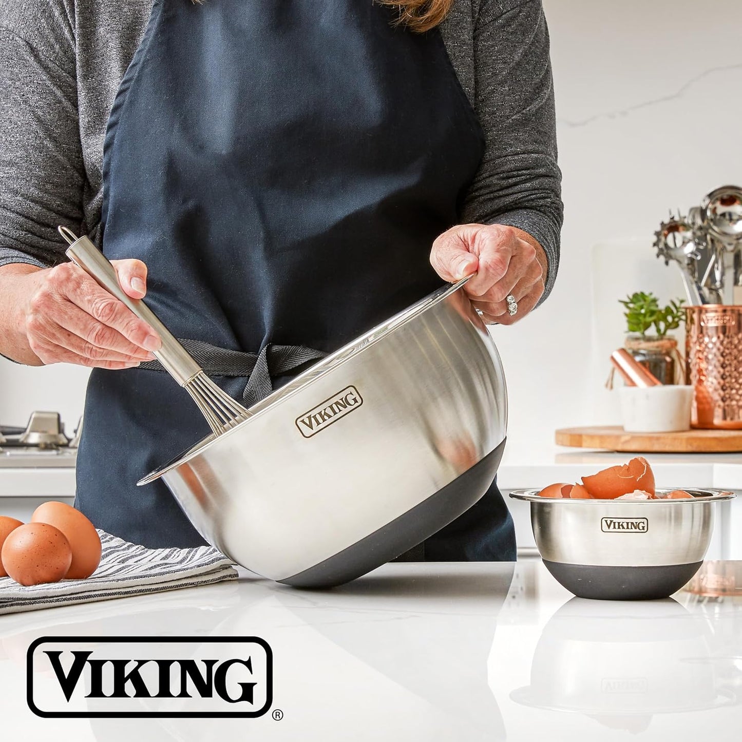 VIKING Mixing Bowls Set, 10 Piece Stainless Steel Kitchen Cookware, Non-Slip Silicone Base, Includes Tight Fit Lids, Dishwasher Safe, Black