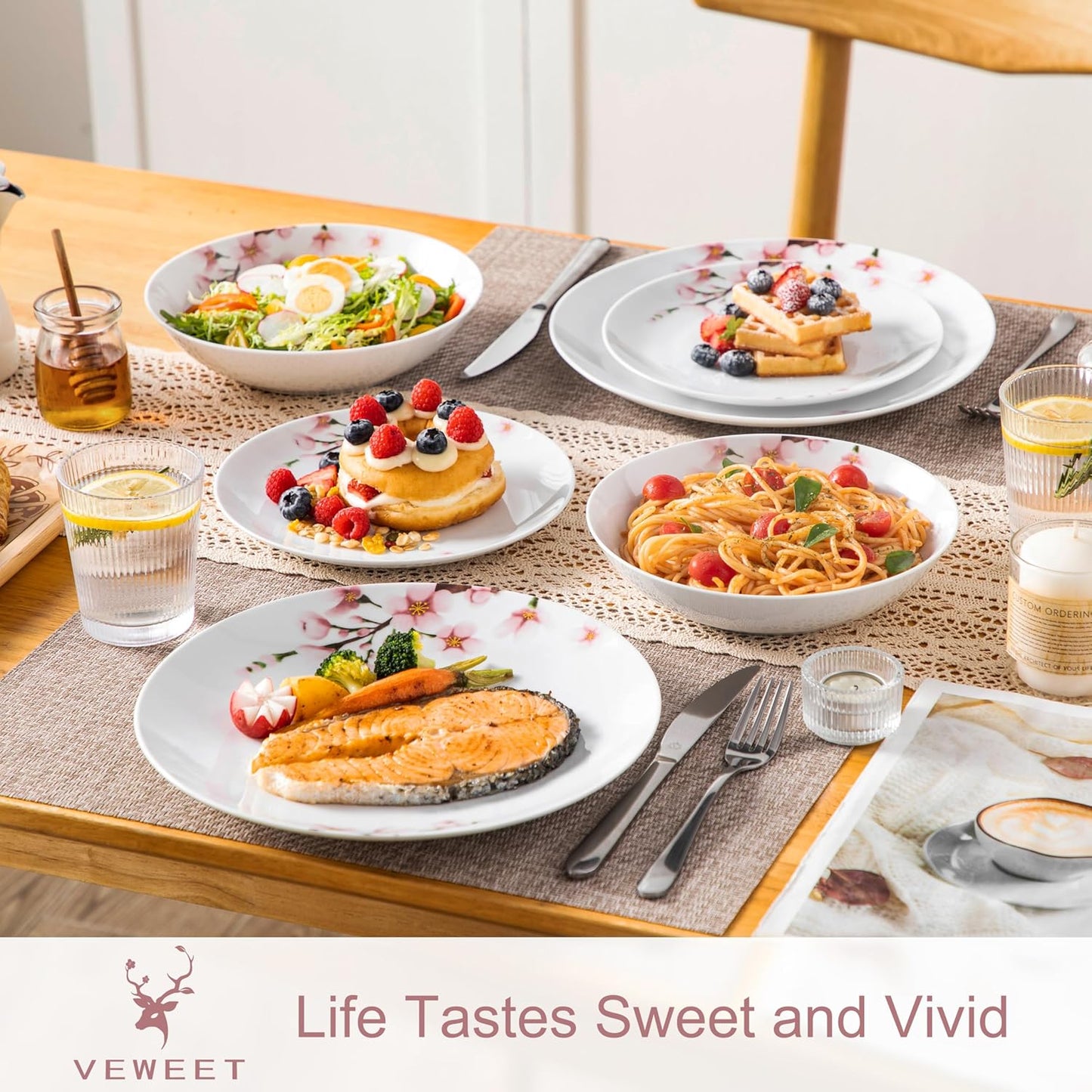 VEWEET 18 Pieces Dinnerware Sets for 6, Porcelain Plates and Bowls Set with Pink Floral, Classic Dishes Set Dining Ware for Dinner, Microwave and Dishwasher Safe, Series ANNIE