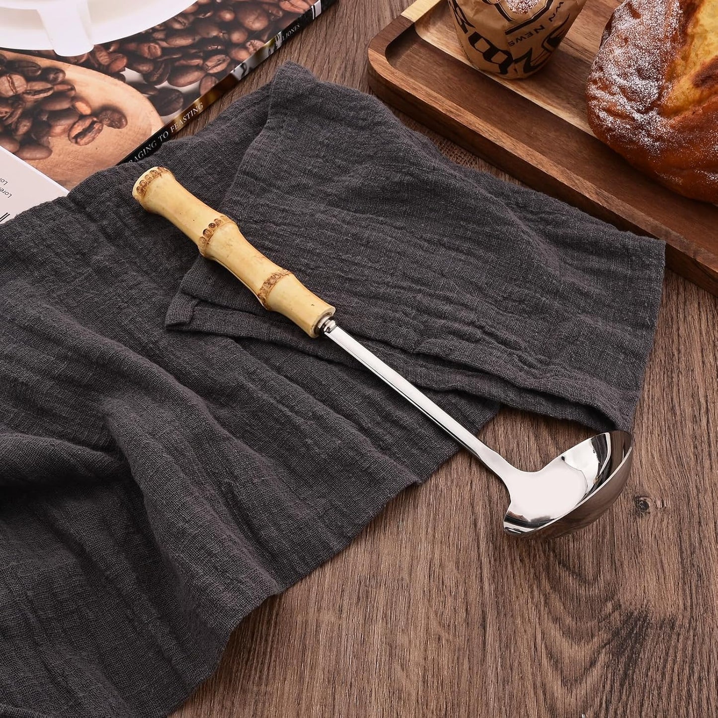 Soup Ladle and Slotted Spoon Set, 304 Stainless Steel Serving Utensils with Natural Bamboo Handle, Soup Spoons For Serving Gravy Hot Pot Or Restaurant, 10.2 Inch, 4 PCS / 2 of Each