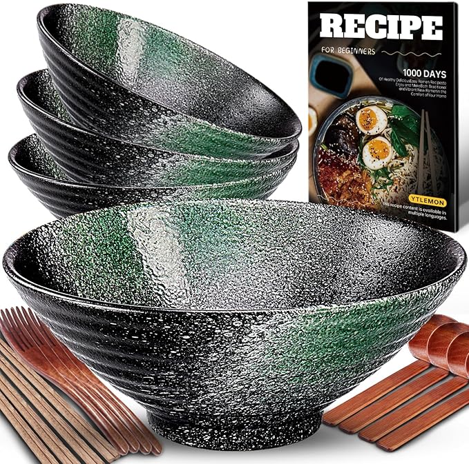 9.4Inch Ceramic Ramen Bowl Set of 4 (17 Piece) - Porcelain Japanese Salad Noodles Cereal Fruit Pasta Soup Large Bowls with Recipes Chopsticks Forks Spoons for Men Women Gift Microwave Dishwasher Safe