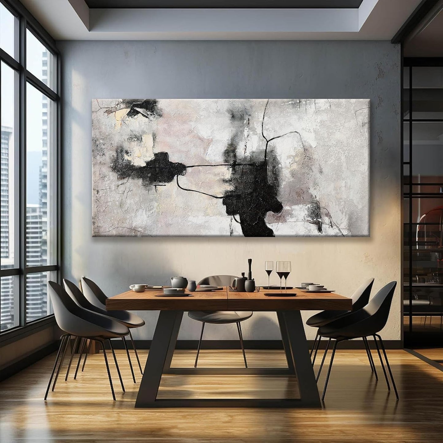 QSQ Black And Off-White Large Abstract Wall Art For Living Room Decor Grunge Room Decor Art Canvas Art Wall Decor 29" X 58" Painting Wall Art For Bedroom Home Office Artwork
