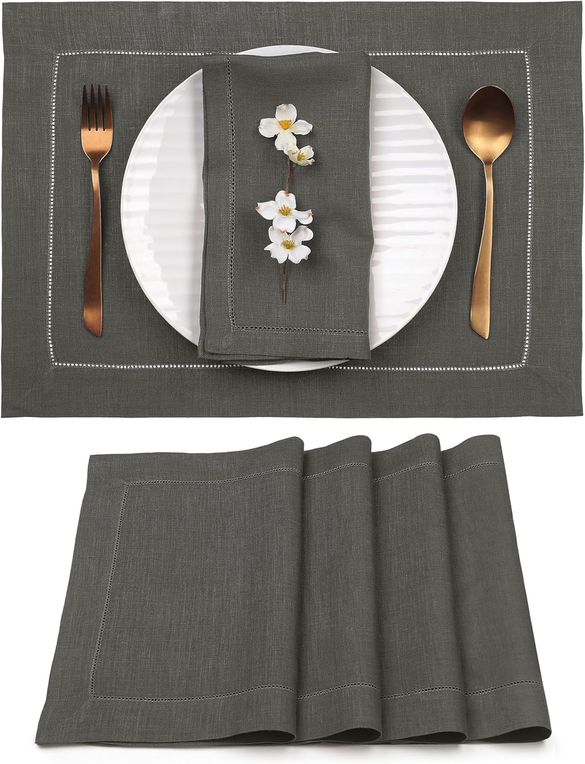 D'Moksha Homes Linen Placemats Set of 4 - Classic Hemstitch Charcoal Grey Placemats 14 x 19 Inch - 100% Pure Linen Table Mats for Fall, Autumn and Halloween - Handcrafted and Machine Washable