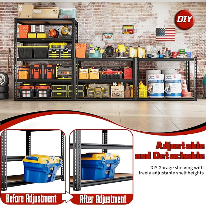 2050LBS Storage Shelves Heavy Duty 5 Tier Garage Storage Shelving, Adjustable Metal Shelving Unit Utility Rack Shelf for Warehouse, Pantry, Closet, Kitchen 72" H x 35.56" W x 16" D, Black