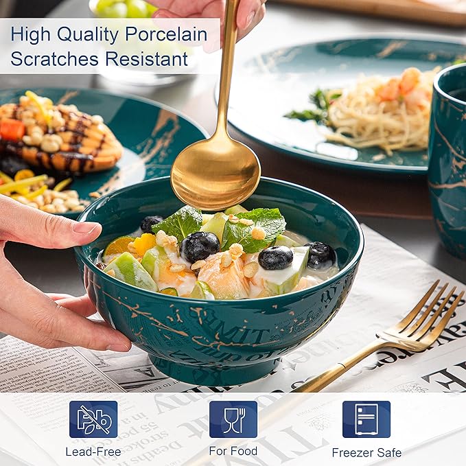 LOVECASA Porcelain Dinnerware Sets for 4, 16 PCS Plates and Bowls Set, Color Glaze with Gold Plate Dish Set, Dinner Sets with Dinner Plates, Dessert Plate, Bowls and Mugs, Dark Green