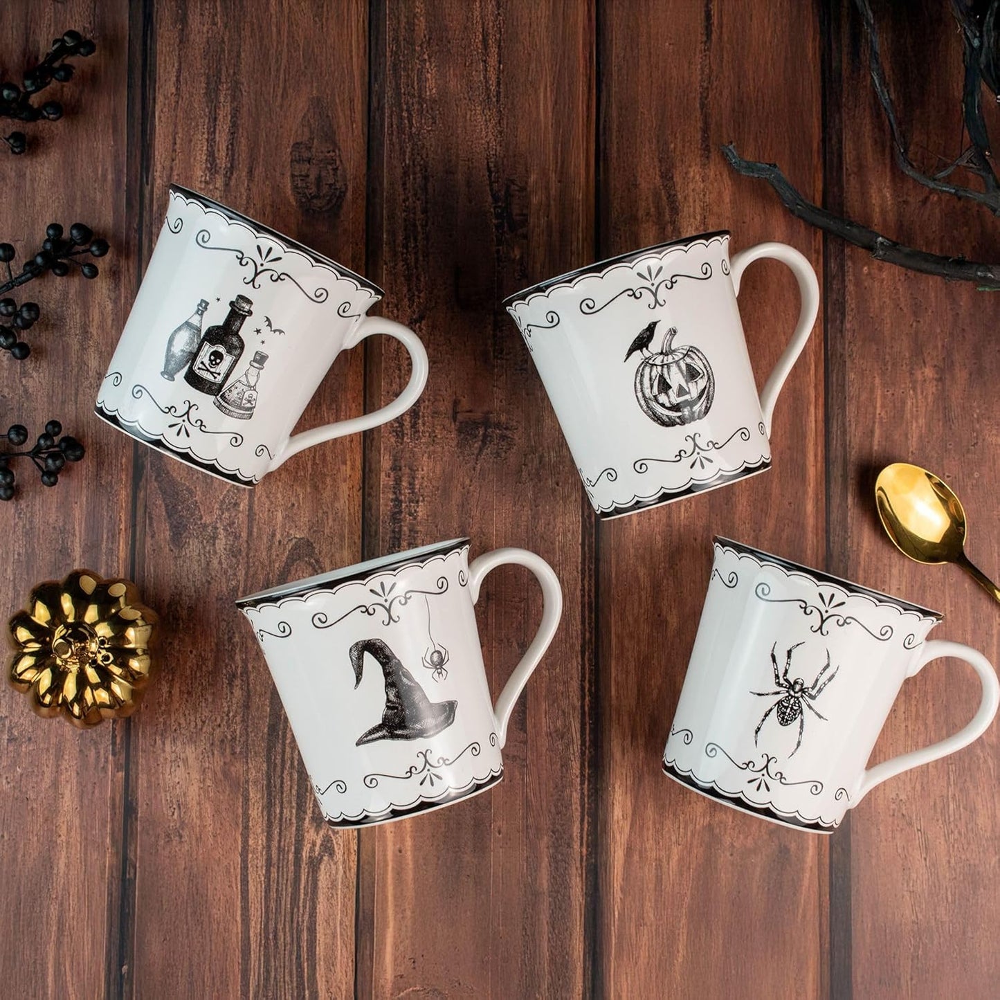 222 Fifth Elegant Haunting 4-Piece White Porcelain Halloween Mug Set - Witch Hat, Jack-o’-Lantern, Potion Bottles & Spider - 20.29 oz, Large Capacity Coffee Cups, Dishwasher & Microwave Safe