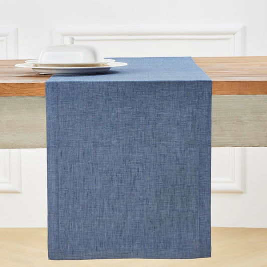 Solino Home Linen Table Runner 72 Inches Long - Athena, 100% Pure Linen Blue Denim Dining Table Runner 14 x 72 Inch