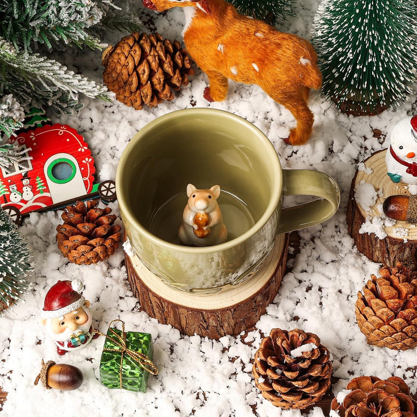 Hamster Ceramic Cup Hidden 3D Animal Inside Mug,Cute Cartoon Handmade Figurine Mug,Christmas Birthday Surprise for Friends Family or Kids (Sage Green Hamster)