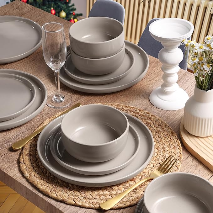 HaWare Stoneware Dinnerware Sets, 12-Piece Plates and Bowls Set for 4, Dishes Set for Home Restaurant, Speckled Cream Coffee