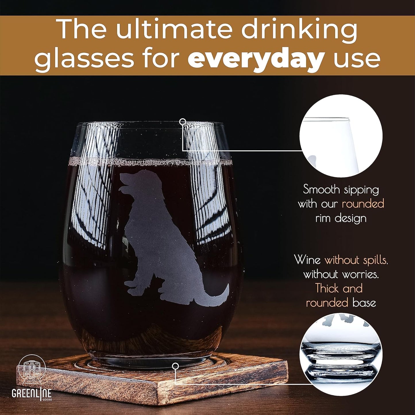 Golden Retriever Stemless Wine Glasses (Set of 2) | Unique for Dog Lovers | Hand Etched with Breed Name on Bottom