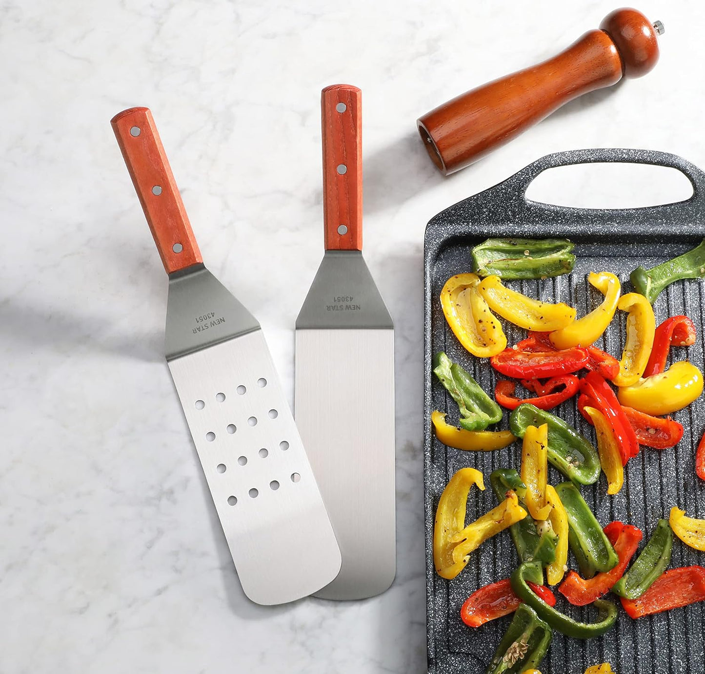 New Star Foodservice 43051 Wood Handle Flexible Grill Spatula Set, 14.5", Set of 2, Silver