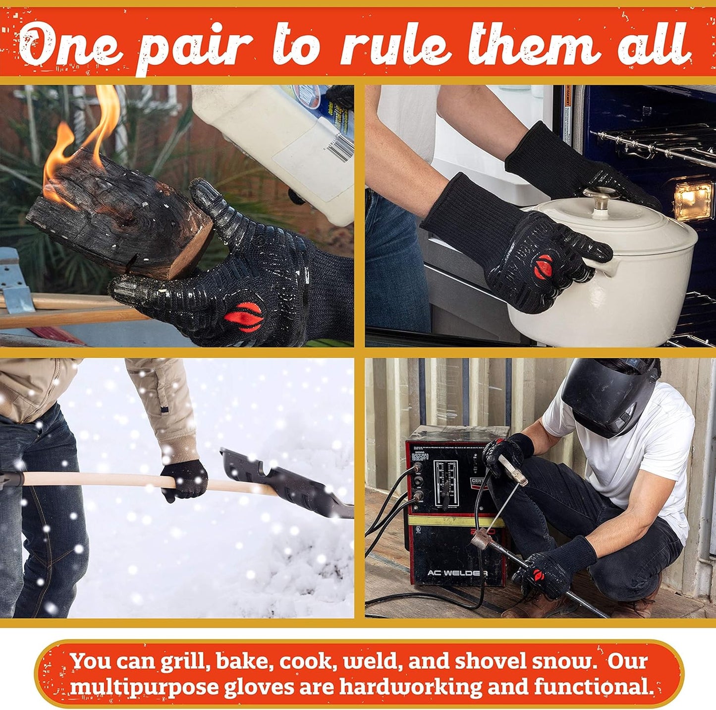 GRILL HEAT AID BBQ Grill Gloves 1472°F - Extreme Heat Resistant Oven Mitts for Grilling, Smoker & Fire Pit with Silicone Grip & EN407 Cut Resistance - Mid Cuff (Large Palm), Black