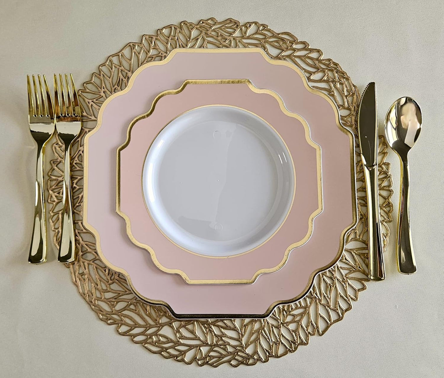 " OCCASIONS " 240 Plates Pack (120 Guests) Heavyweight Wedding Party Disposable Plastic Plates Set -120 x 10.5'' Dinner + 120 x 8'' Salad/Dessert Plate (Imperial in Blush & Gold)