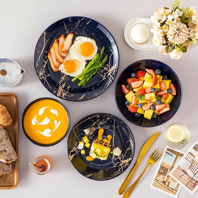 LOVECASA Plates and Bowls Sets for 6, 24 Pieces Porcelain Dinnerware Sets, Dark Blue and Gold Dish Set Gold Splash Dishware Sets, Dishwasher Microwave Safe