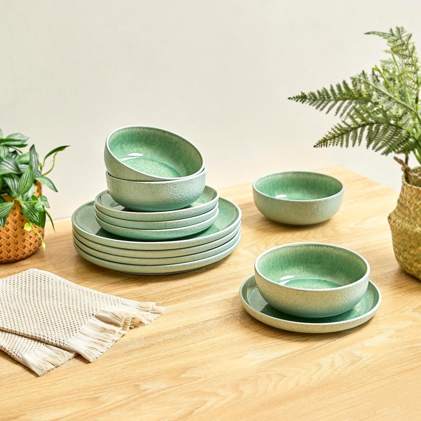 Sango 12-Piece Stoneware Dinnerware Set for 4, Green Ceramic Plates and Bowls Sets, Modern Dish Set with Reactive Glaze, Durable Kitchen Dishes for Casual Dining, Microwave & Dishwasher Safe, Asher