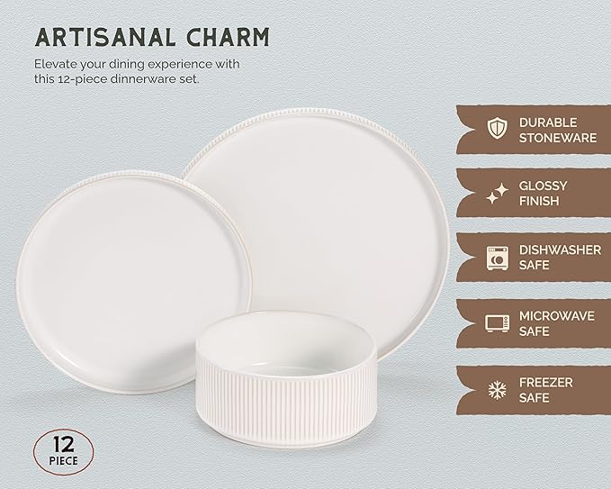 Ceramic Dinnerware Set, by Vase and Vessel, 12-Piece Service for 4, 9.8” Dinner Plates, 8” Salad Plates, 20 oz Bowls, Ombre Reactive Glaze, Durable Stoneware, Microwave & Dishwasher (Powder White)