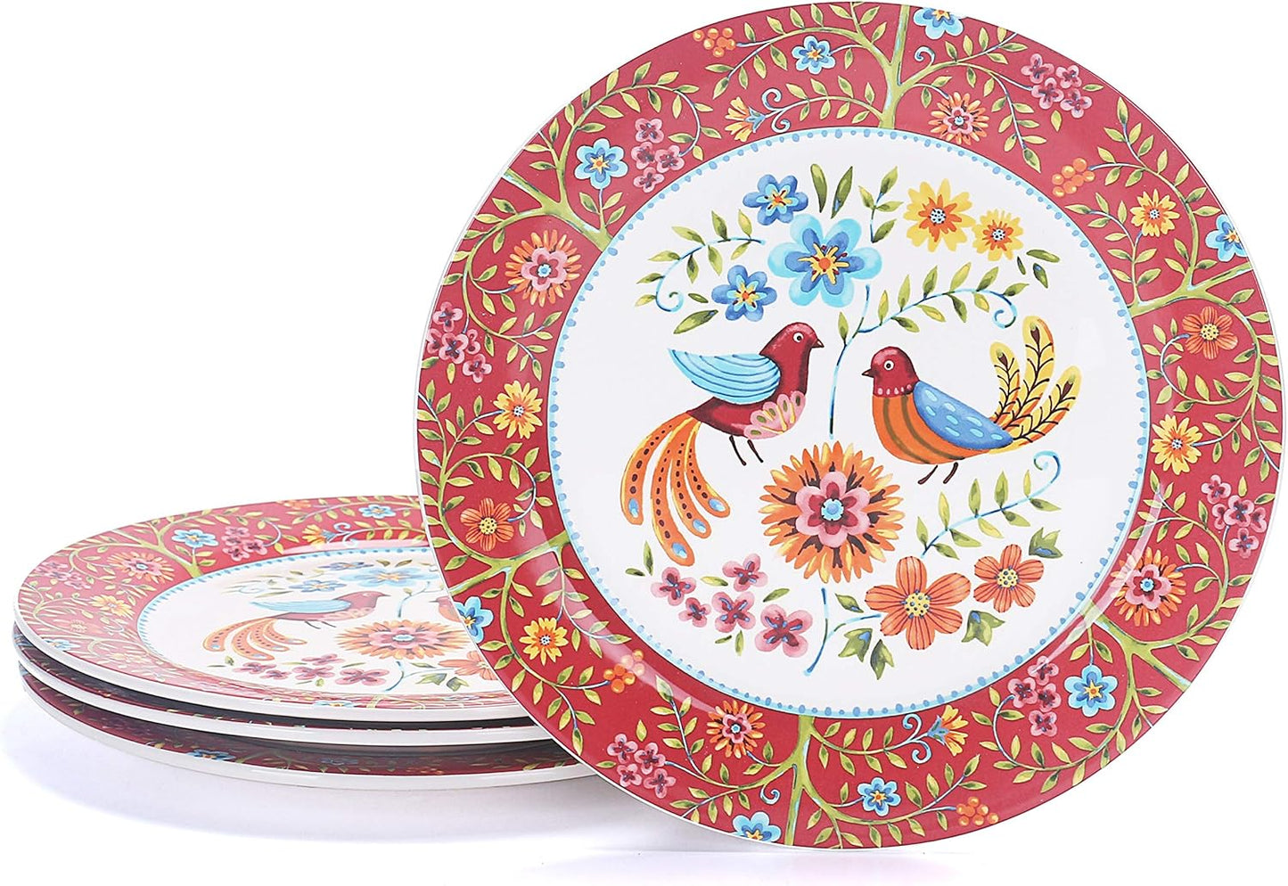 Bico Red Spring Bird Dinner Plates Set of 4, 11 Inch Large Ceramic Plates for Pasta, Steak, Stylish Serving Dishes, Microwave and Dishwasher Safe, Gift for Housewarming and Thanksgiving