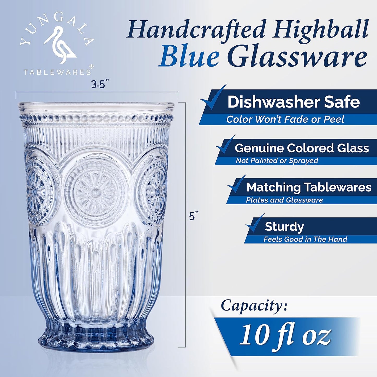 Yungala Blue highball glasses, set of 6, volume - 10oz, dishwasher safe vintage glassware made from blue glass, not coated or sprayed colored drinking glasses