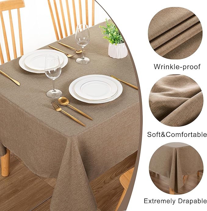 DWCN Rectangle Faux Linen Tablecloth - Textured Waterproof Spill-Proof Wrinkle and Stain Resistant Table Cloth Decorative Fabric Farmhouse Table Cover for Kitchen Dining Party, 54 x 80 Inch, Khaki