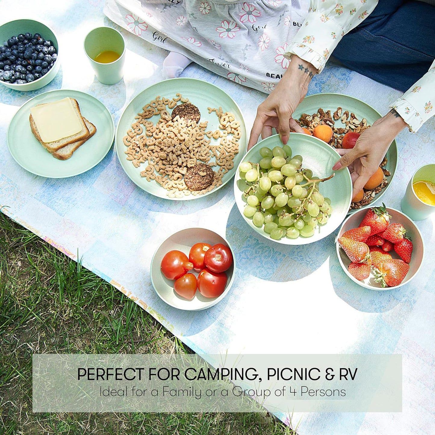 Wheat Straw Dinnerware Sets | Unbreakable Dinnerware Sets | Dishwasher Microwave Safe Dinnerware | Eco Friendly Non Breakable Dinnerware Sets | RV Outdoor Camping (Green, Service for 4 (16 pcs))