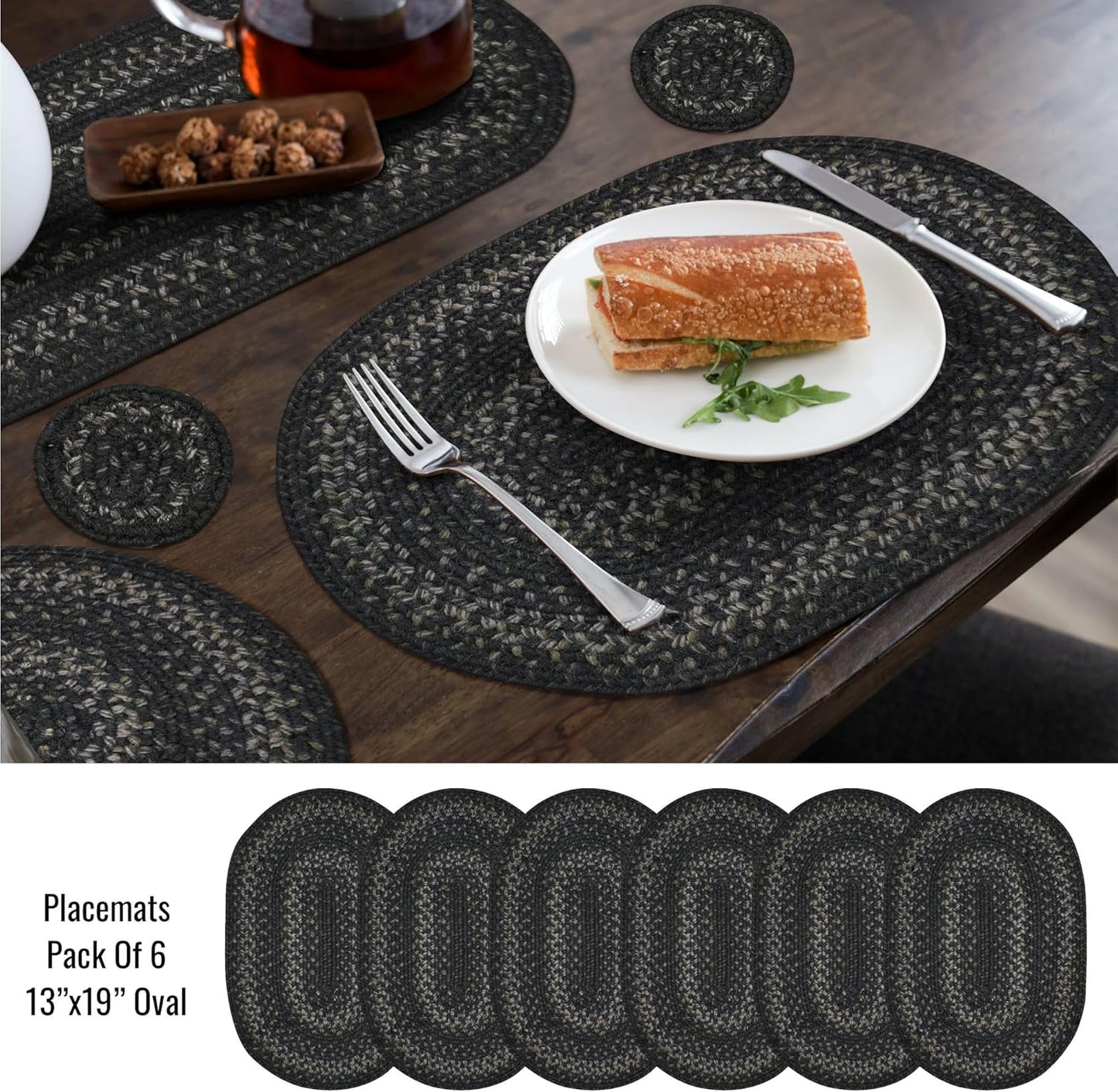 Homespice Jet Black Braided Oval Placemats, Warm Primitive Decor, Set of 6, 13x19 Jute Table Mats - Vibrant Colors, Durable, Easy to Clean and Protects Furniture